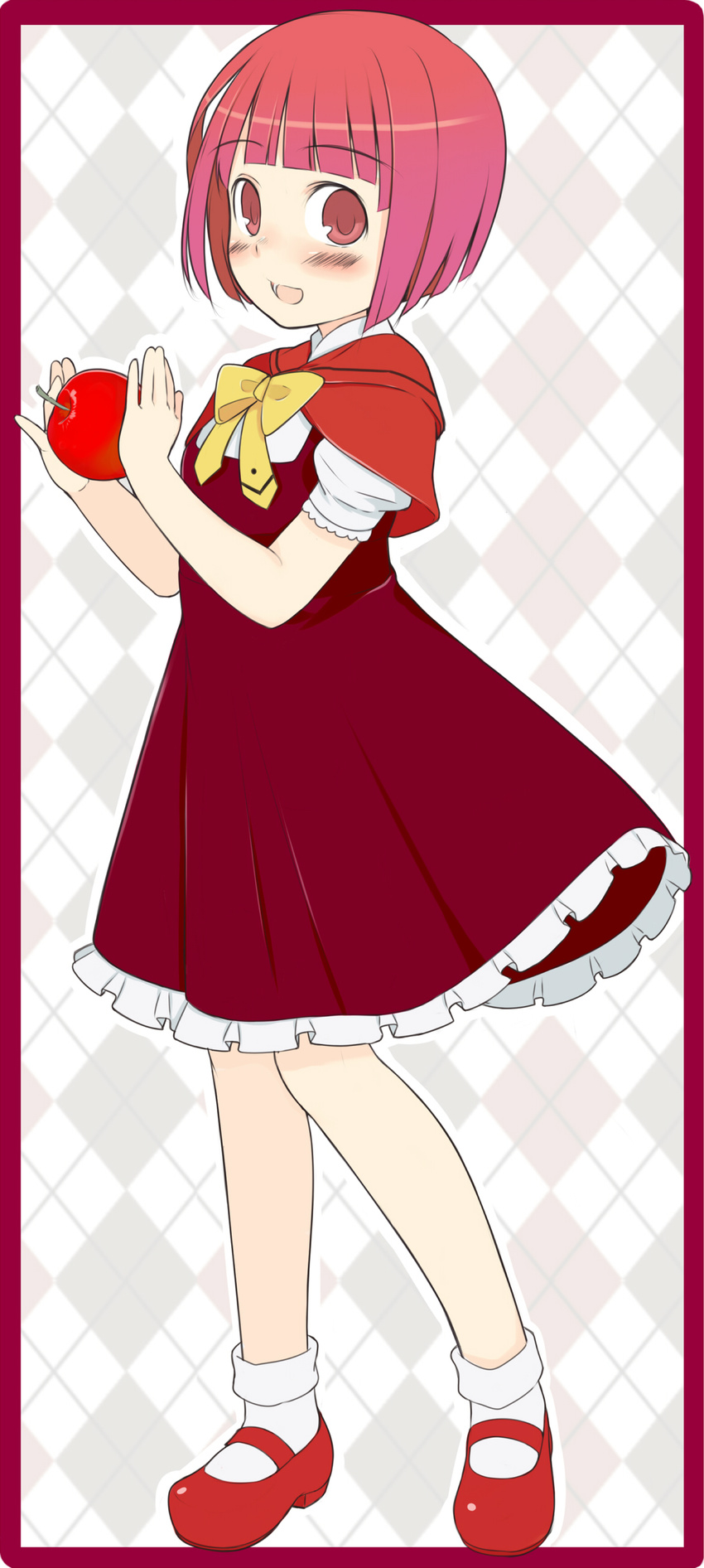 absurdres akai_ringo_(ookami-san) apple blush bob_cut capelet food fruit highres holding holding_food holding_fruit mary_janes object_namesake ookami-san oza_watto red_eyes red_hair shoes short_hair smile socks solo