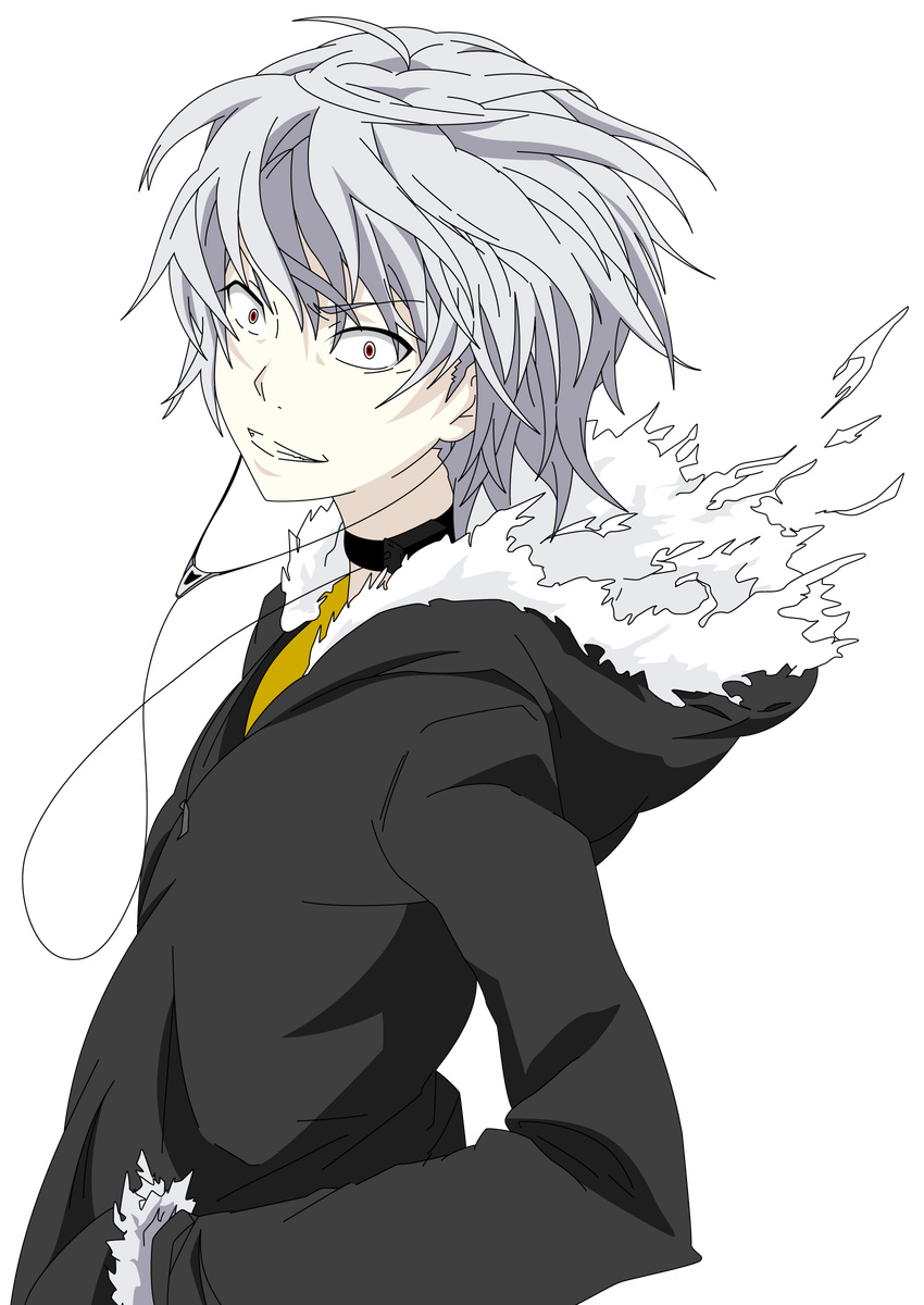 absurdres accelerator black_jacket eyebrows eyebrows_visible_through_hair hands_in_pockets highres hood izumi_(hsls) jacket jewelry male_focus necklace red_eyes smile solo teeth to_aru_majutsu_no_index transparent_background white_hair