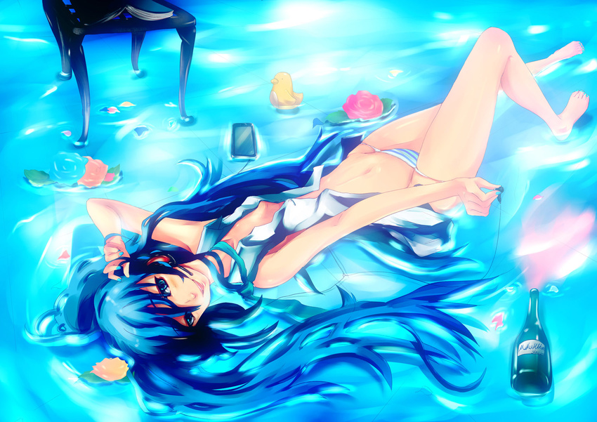 afloat aqua_eyes aqua_hair bad_id bad_pixiv_id barefoot bottle earphones hatsune_miku highres legs long_hair lying navel nuko-d on_back panties side-tie_panties single_earphone_removed smile solo twintails underwear very_long_hair vocaloid water