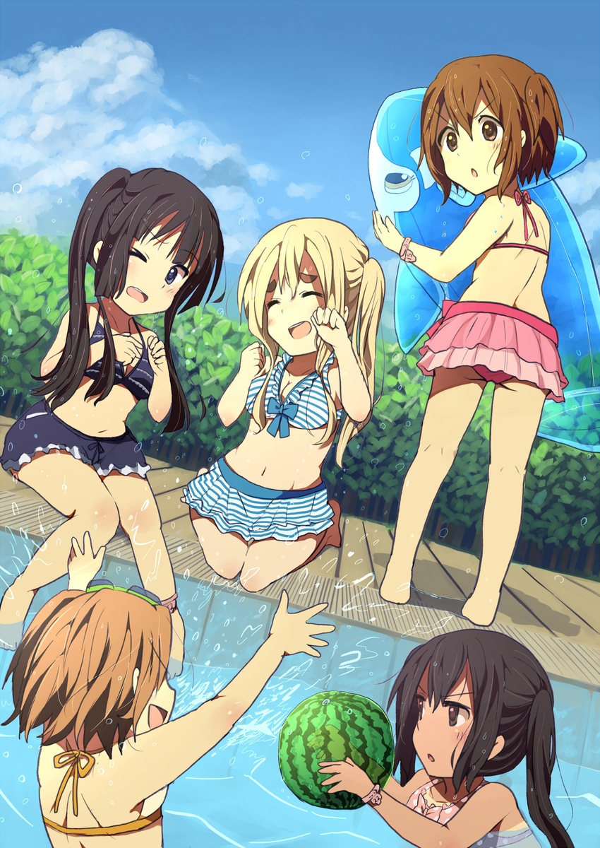 :d :o akiyama_mio arms_up bad_id bad_pixiv_id ball beachball bikini black_eyes black_hair blonde_hair breasts brown_eyes brown_hair chibi cleavage closed_eyes cloud day dutch_angle gum_(vivid_garden) highres hirasawa_yui holding_beachball inflatable_orca inflatable_toy k-on! kneepits kotobuki_tsumugi long_hair multiple_girls nakano_azusa one-piece_tan one_eye_closed open_mouth outdoors plump pool poolside round_teeth short_hair side_ponytail sitting sky small_breasts smile soaking_feet splashing swimsuit tainaka_ritsu tan tanline teeth watermelon_beachball wet