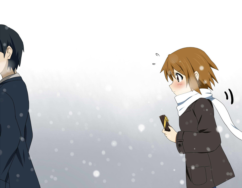 1girl alternate_hairstyle black_hair blush brown_eyes brown_hair coat face faceless faceless_male gift hair_down hetero highres holding holding_gift ikari_manatsu jacket k-on! scarf snow tainaka_ritsu winter winter_clothes winter_coat