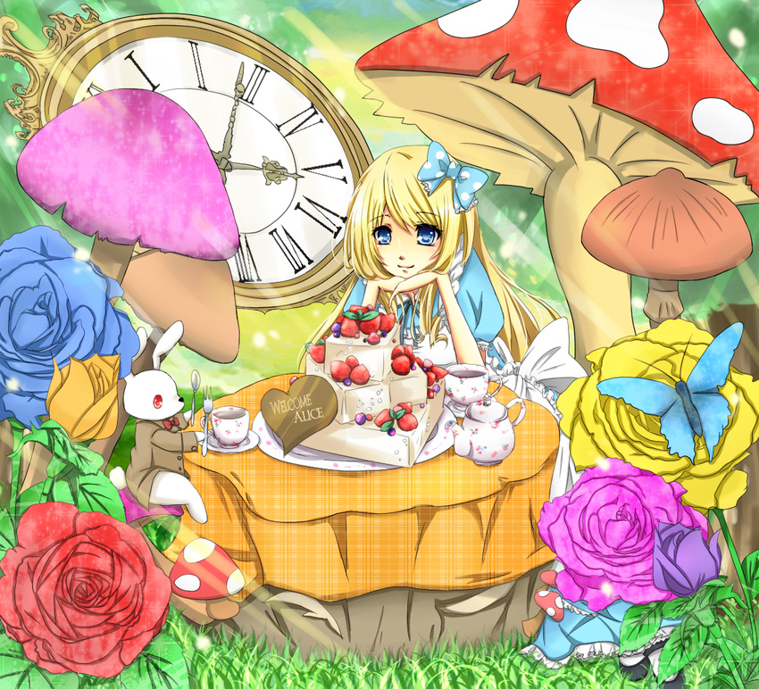 alice_(wonderland) alice_in_wonderland apron bad_id bad_pixiv_id blonde_hair blue_eyes blue_flower blue_rose bow bug bunny butterfly cake clock cup dress flower food fork hair_bow hair_ribbon heart insect long_hair mushroom pastry pocket_watch purple_flower purple_rose red_flower red_rose ribbon rose sakura_ran sitting smile tea teacup watch white_rabbit yellow_flower yellow_rose