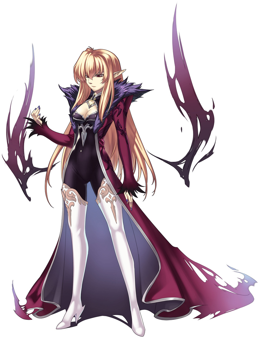 absurdres blonde_hair boots breasts cleavage elf full_body fur high_heels highres hirano_katsuyuki long_hair long_sleeves medium_breasts nail_polish official_art pointy_ears purple_nails red_eyes roze_(spectral_souls) shoes simple_background solo spectral_(series) spectral_force_genesis standing thigh_boots thighhighs