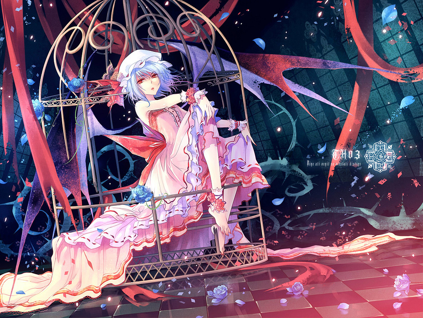 barefoot bat_wings birdcage blue_flower blue_hair blue_rose cage checkered checkered_floor dress feet flower hat kieta long_legs perspective petals red_eyes remilia_scarlet rose short_hair sitting solo touhou wings