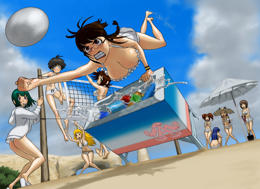 ahoge akizuki_ritsuko amami_haruka antenna_hair arms_up ass ball barefoot beach beach_umbrella beach_volleyball bikini black_hair blonde_hair blue_eyes braid breasts brown_eyes brown_hair cleavage clenched_hand clenched_teeth cloud day downblouse falling glasses green_hair hagiwara_yukiho halter_top halterneck hat high_heels hood hoodie hoshii_miki idolmaster idolmaster_(classic) jumping kikuchi_makoto kisaragi_chihaya large_breasts long_hair looking_back minase_iori mouth_hold multiple_girls navel o-ring o-ring_top open_mouth otonashi_kotori outdoors outstretched_arm outstretched_hand reaching sand shadow shoes short_hair shovel sitting sky spill straw_hat surprised swimsuit takatsuki_yayoi teeth twin_braids twintails umbrella volleyball wata_do_chinkuru water whistle white_swimsuit wristband