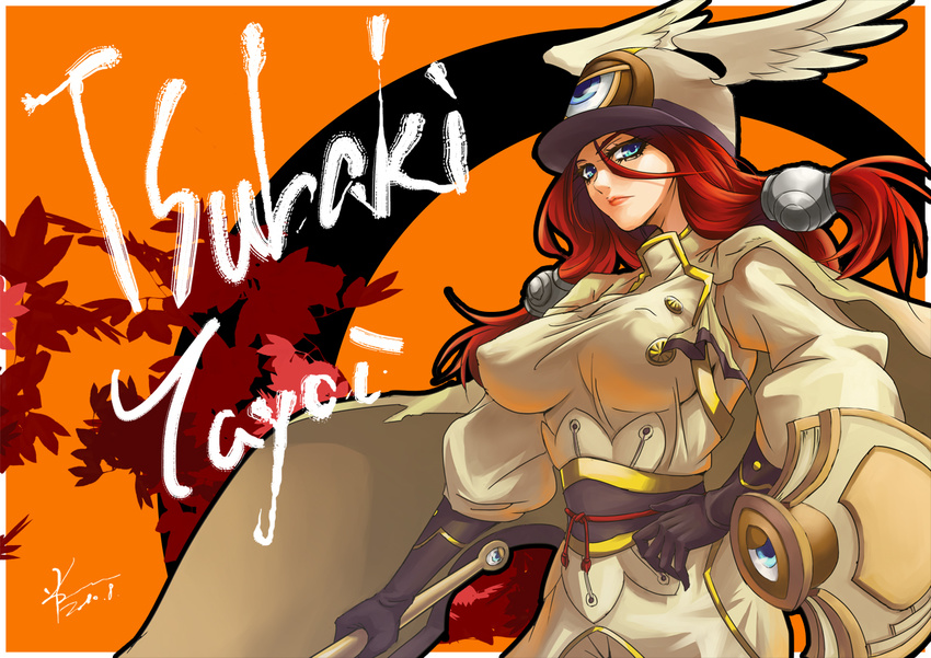 blazblue blue_eyes breasts character_name covered_nipples gloves hat impossible_clothes impossible_shirt large_breasts long_hair red_hair sennoyume shirt solo tsubaki_yayoi wings