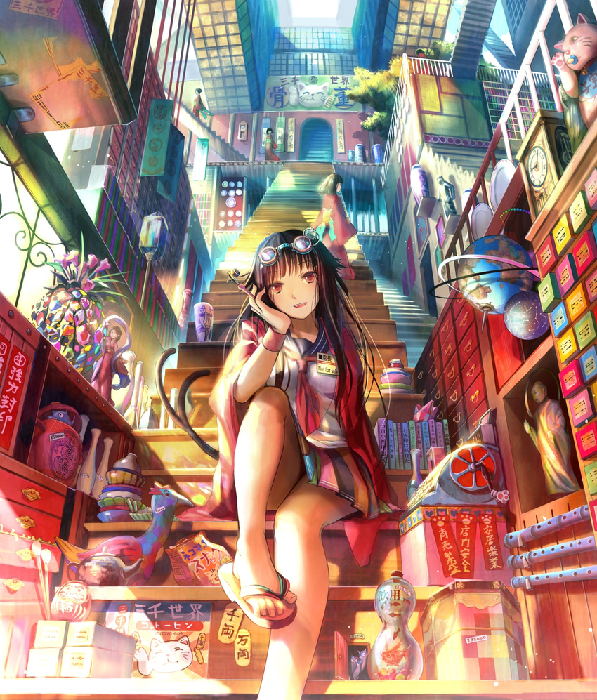 brown_eyes brown_hair colorful daruma_doll doll feet fuji_choko goggles goggles_on_head highres japanese_clothes legs long_hair maneki-neko md5_mismatch multiple_girls multiple_tails original red_eyes sandals scenery school_uniform serafuku sitting sitting_on_stairs smile solo_focus stairs surreal tail