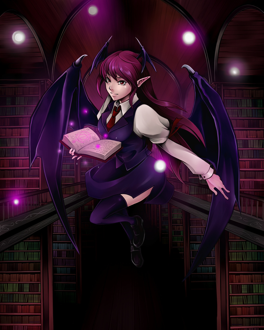 bat_wings black_legwear book bookshelf breasts dress_shirt flying head_wings hexagram highres juliet_sleeves koakuma library light_particles long_hair long_sleeves medium_breasts open_book pointy_ears puffy_sleeves red_eyes red_hair shirt skirt skirt_set solo thighhighs touhou vest voile white_shirt wings yukichi_(bancho99) zettai_ryouiki