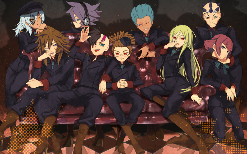 afuro_terumi bad_id bad_pixiv_id blonde_hair blue_hair boots brown_hair couch domon_asuka everyone eyepatch fudou_akio genda_koujirou glasses hat headphones highres inazuma_eleven inazuma_eleven_(series) kidou_yuuto kippu long_hair multiple_boys otoko_no_ko red_eyes sakuma_jirou shimozuru_arata sitting uniform wallpaper white_hair