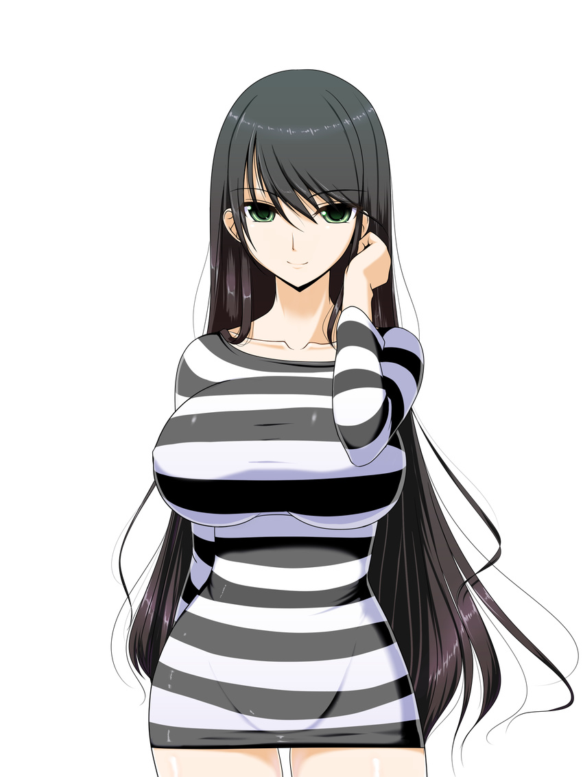 bangs black_hair breasts collarbone curvy dress durarara!! green_eyes groin hair_tucking highres huge_breasts impossible_clothes long_hair looking_at_viewer prison_clothes shuz_(dodidu) smile solo striped sweater sweater_dress swept_bangs taut_clothes transparent_background very_long_hair wide_hips yagiri_namie