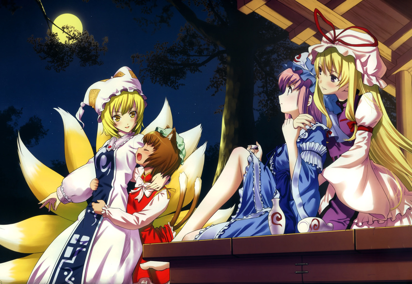 alcohol animal_ears barefoot blonde_hair blush bottle brown_hair cat_ears chen closed_eyes cup fang fox_tail full_moon hat highres hug hug_from_behind long_hair moon multiple_girls multiple_tails night open_mouth pink_hair purple_eyes ribbon saigyouji_yuyuko sakazuki sake short_hair smile tail tokkuri touhou veranda yakumo_ran yakumo_yukari yasuyuki yellow_eyes yuri