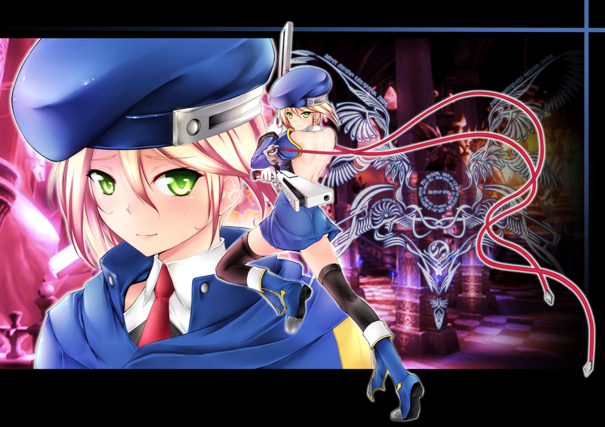 beret blazblue blazblue_insignia blonde_hair blue_footwear bolverk boots green_eyes gun handgun hat noel_vermillion thighhighs weapon