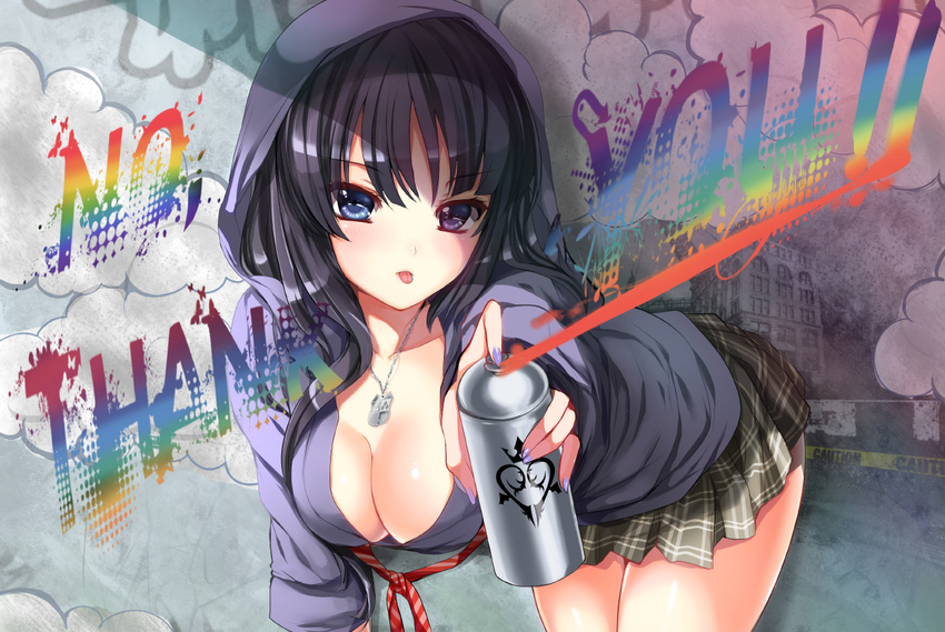 :p akiyama_mio bent_over black_hair blue_eyes breasts cleavage downblouse graffiti heterochromia hood hoodie jewelry k-on! large_breasts long_hair mafuyu nail_polish necklace necktie no_thank_you! plaid plaid_skirt purple_eyes purple_nails skirt solo spray_can spray_paint tongue tongue_out wallpaper
