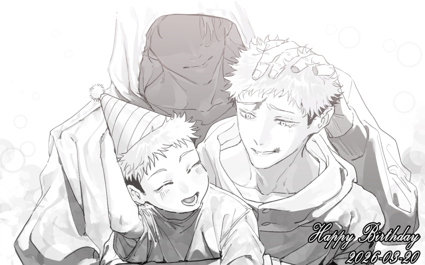 3boys age_progression blush child closed_mouth dated greyscale hand_on_another's_head happy happy_birthday hat hood hood_down hood_up hooded_jacket itadori_yuji jacket jujutsu_kaisen looking_at_another male_focus monochrome multiple_boys no_seng07 party_hat scar scar_on_face scar_on_forehead scar_on_mouth short_hair sideburns undercut