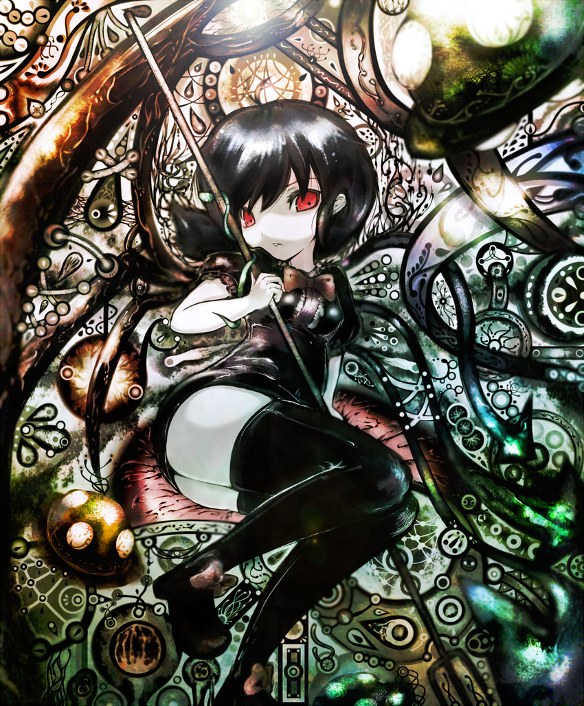 abstract ass asymmetrical_wings bad_id bad_pixiv_id black_hair bow eyes highres houjuu_nue koohee looking_at_viewer mary_janes pale_skin polearm red_eyes shoes short_hair snake solo thighhighs touhou trident ufo weapon wings zettai_ryouiki