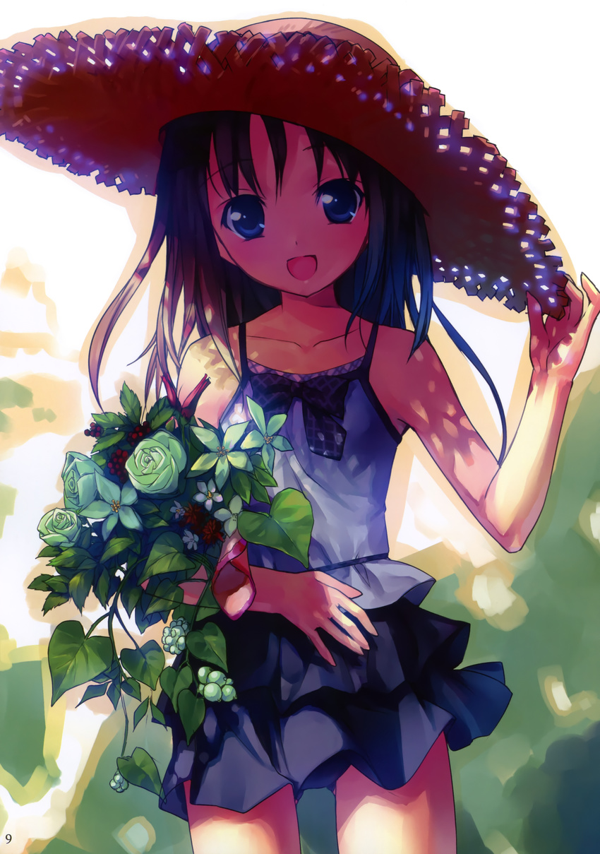 1girl :d absurdres bouquet casual copyright_request flower green_rose hat highres leaf open_mouth panties pantyshot rose skirt smile solo straw_hat takoyaki_(roast) underwear upskirt