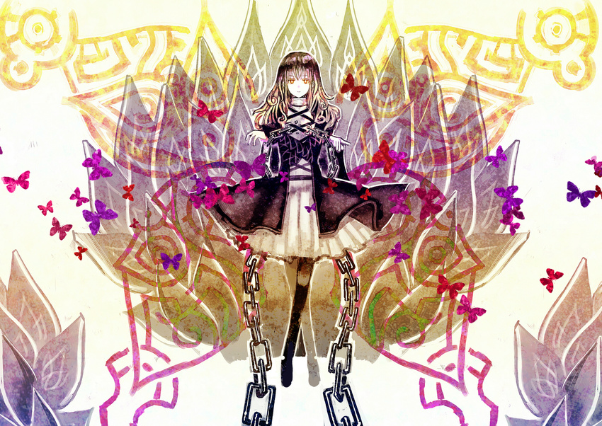 black_legwear blonde_hair brown_hair bug butterfly chain crossed_arms dress floating flower gradient_hair highres hijiri_byakuren insect long_hair lotus multicolored_hair organ_derwald pantyhose pointing smirk solo touhou yellow_eyes