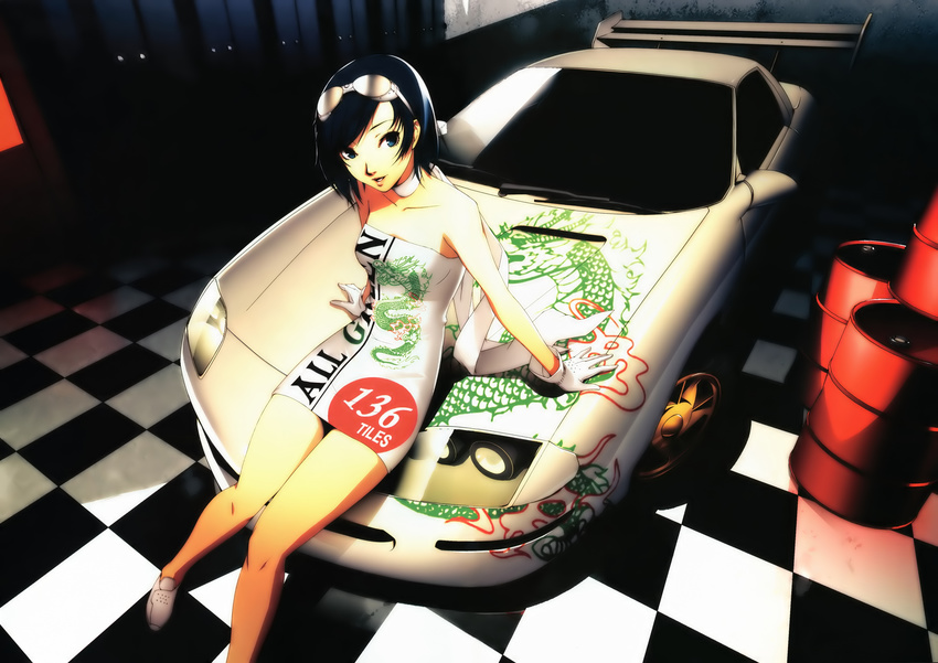 absurdres arm_support bare_shoulders blue_eyes blue_hair car checkered checkered_floor chevrolet chevrolet_camaro dress eyewear_on_head flag from_above glasses gloves ground_vehicle highres knees_together_feet_apart leaning_back looking_up momoiro_taisen_pairon motor_vehicle nose_art on_vehicle perspective race_queen scarf short_dress short_hair sitting skirt smile soejima_shigenori solo strapless strapless_dress sunglasses takaoka_mikoto tube_dress