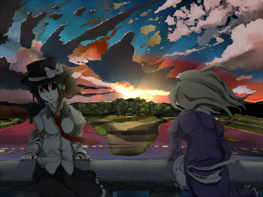 bad_id bad_pixiv_id blonde_hair bow brown_eyes brown_hair cloud dress from_behind hair_ribbon hat kyoto long_hair maribel_hearn multiple_girls necktie real_world_location ribbon river star sunset tokoroten_(hmmuk) touhou usami_renko water