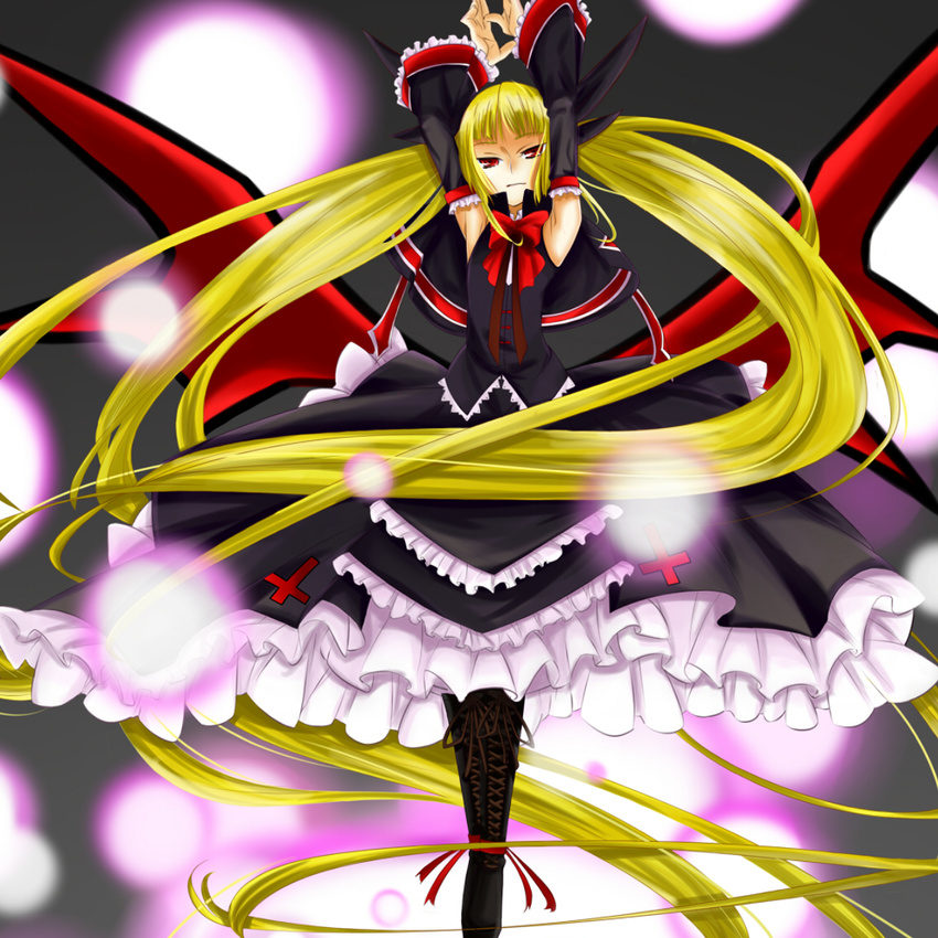 blazblue blonde_hair bow detached_sleeves fujimon long_hair rachel_alucard red_bow ribbon solo very_long_hair