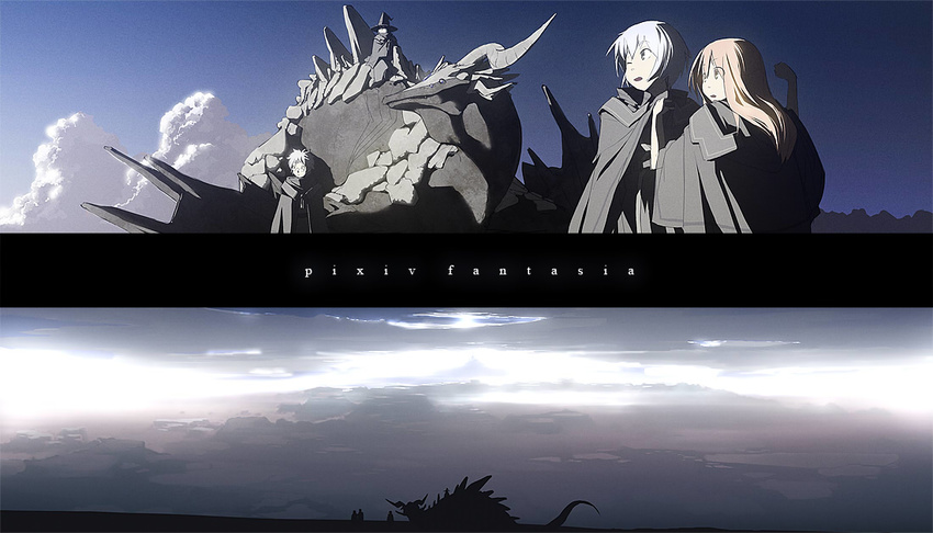 2girls bad_id bad_pixiv_id cloak cloud commentary dragon glasses hat long_hair multiple_boys multiple_girls pixiv_fantasia pixiv_fantasia_1 red_hair scenery sky sunrise surprised tsukuba_masahiro white_hair wince wizard