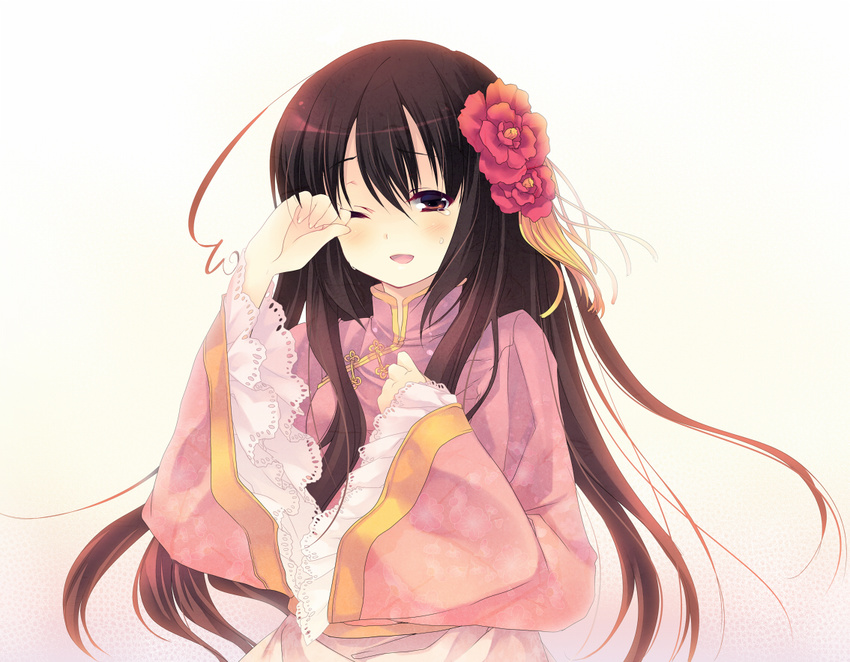 ahoge axis_powers_hetalia brown_eyes brown_hair changpao china_dress chinese_clothes dress flower hair_flower hair_ornament long_hair long_sleeves one_eye_closed open_mouth petticoat plum_blossoms shinia smile solo taiwan_(hetalia) tears wiping_tears