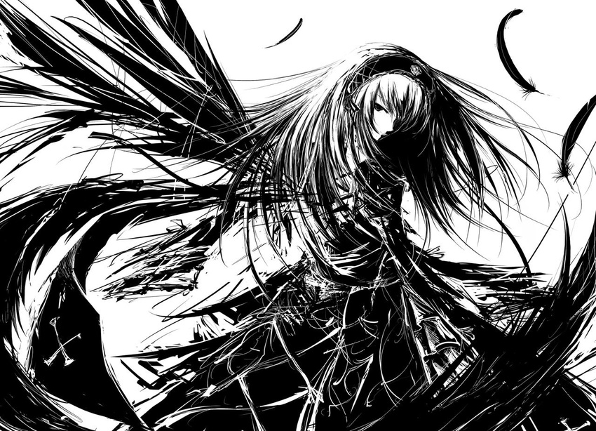 black_wings greyscale iori_yakatabako monochrome rozen_maiden solo suigintou wings