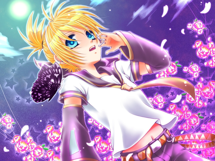 blonde_hair blue_eyes bug butterfly flower full_moon insect kagamine_len kiriya-sa male_focus md5_mismatch migikata_no_chou_(vocaloid) moon night petals shorts solo vocaloid