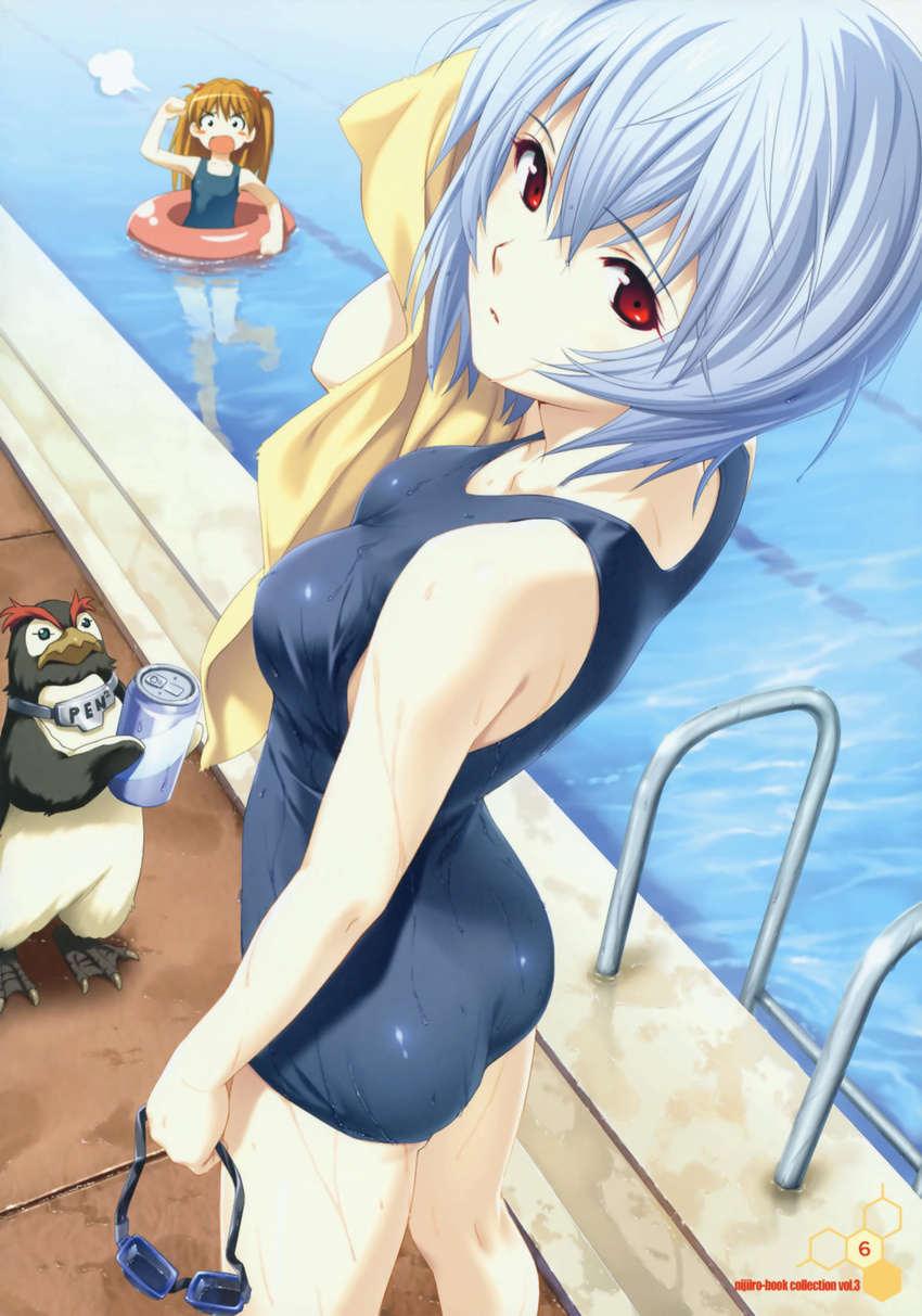 absurdres angry ass ayanami_rei bird blue_hair blush_stickers breasts can chibi drying drying_hair goggles highres innertube koutaro ladder looking_at_viewer looking_back medium_breasts multiple_girls neon_genesis_evangelion one-piece_swimsuit penguin penpen pool pool_ladder poolside red_eyes red_hair scan school_swimsuit short_hair soda soda_can souryuu_asuka_langley speech_bubble swimsuit towel water wet