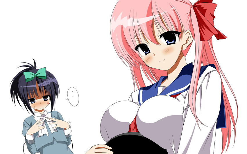 bad_id bad_pixiv_id black_hair bow breast_envy breast_rest breasts cuffs etopen hair_ribbon haramura_nodoka highres kiyosumi_school_uniform kunihiro_hajime large_breasts long_hair multiple_girls pink_hair ponytail ribbon saki school_uniform serafuku shackles star twintails yuki_shin