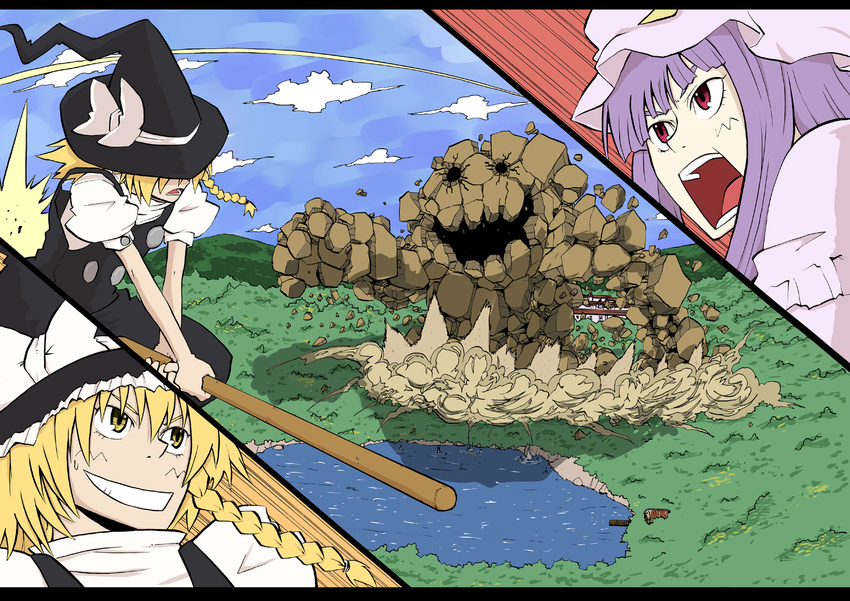 aerial blonde_hair braid broom broom_riding cut-in golem grin hat hat_ribbon highres karu_(ishiken) kirisame_marisa lake misty_lake multiple_girls nib_pen_(medium) patchouli_knowledge purple_hair red_eyes ribbon scarlet_devil_mansion scenery smile touhou traditional_media witch_hat yellow_eyes