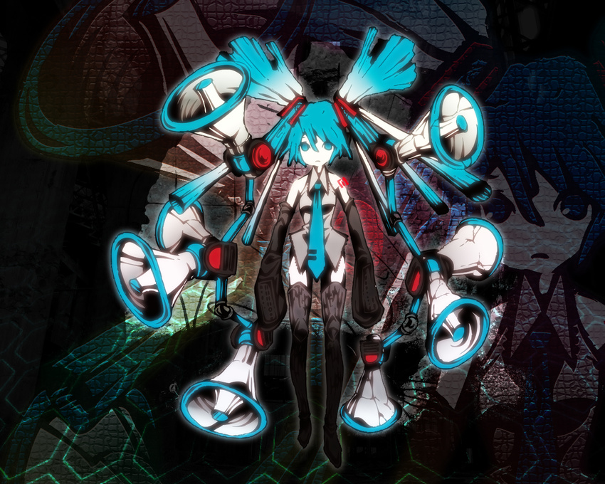 aqua_eyes aqua_hair detached_sleeves hatsune_miku hatsune_miku_no_shoushitsu_(vocaloid) long_hair megaphone necktie solo thighhighs twintails vocaloid yamori_(stom) zettai_ryouiki