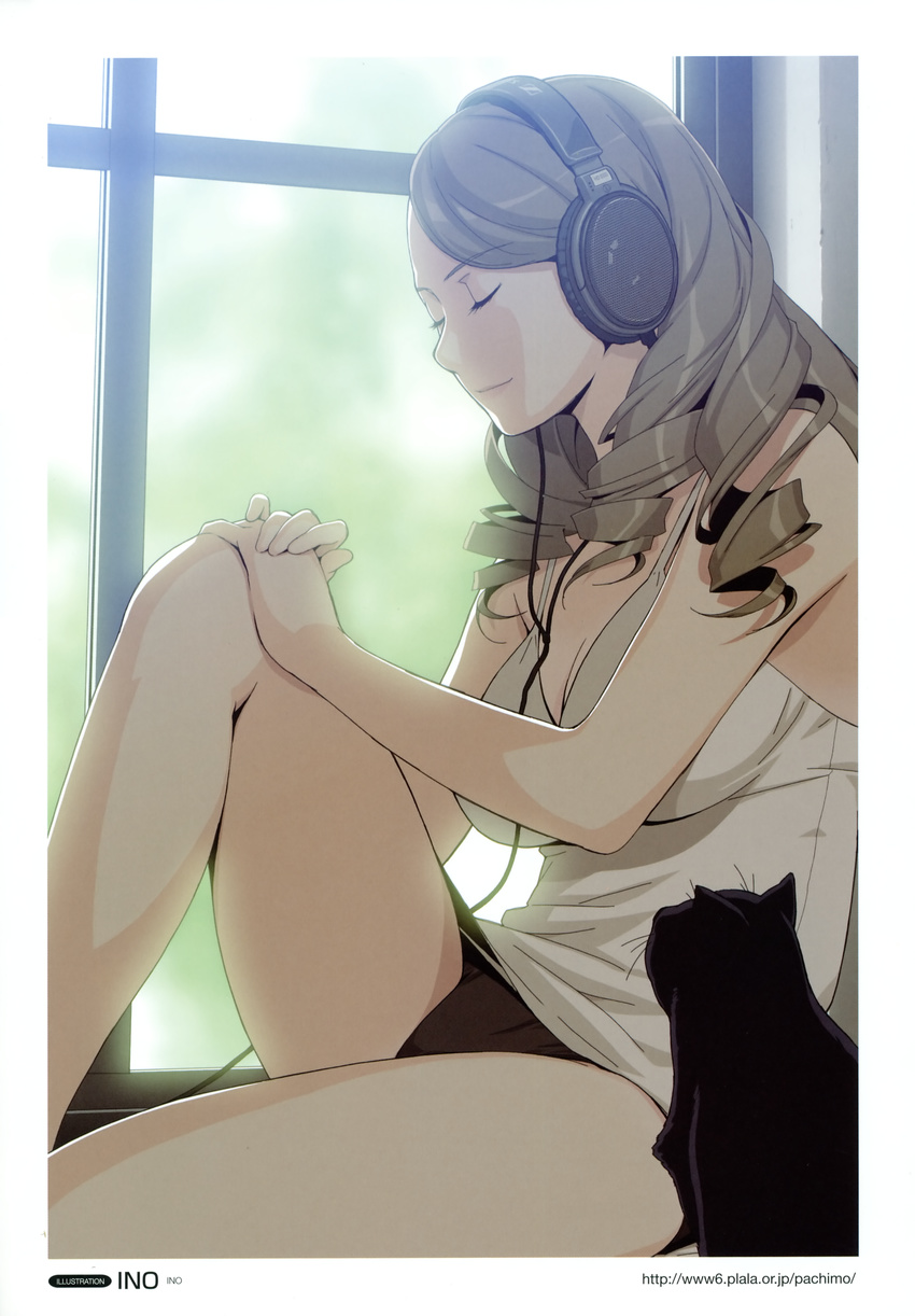 absurdres brown_hair camisole cat closed_eyes curly_hair hand_on_own_knee headphones highres ino listening_to_music long_hair original panties ringlets scan sennheiser sitting sitting_in_window smile solo underwear underwear_only watermark web_address window