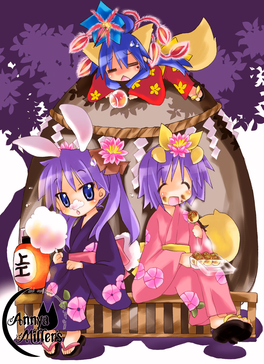 ahoge animal_ears bunny_ears bunny_tail candy_apple cotton_candy dog_ears dog_tail floral_print food highres hiiragi_kagami hiiragi_tsukasa izumi_konata japanese_clothes kimono lucky_star mole mole_under_eye multiple_girls nyanmilla pink_kimono print_kimono purple_kimono red_kimono rock sandals tail takoyaki yukata