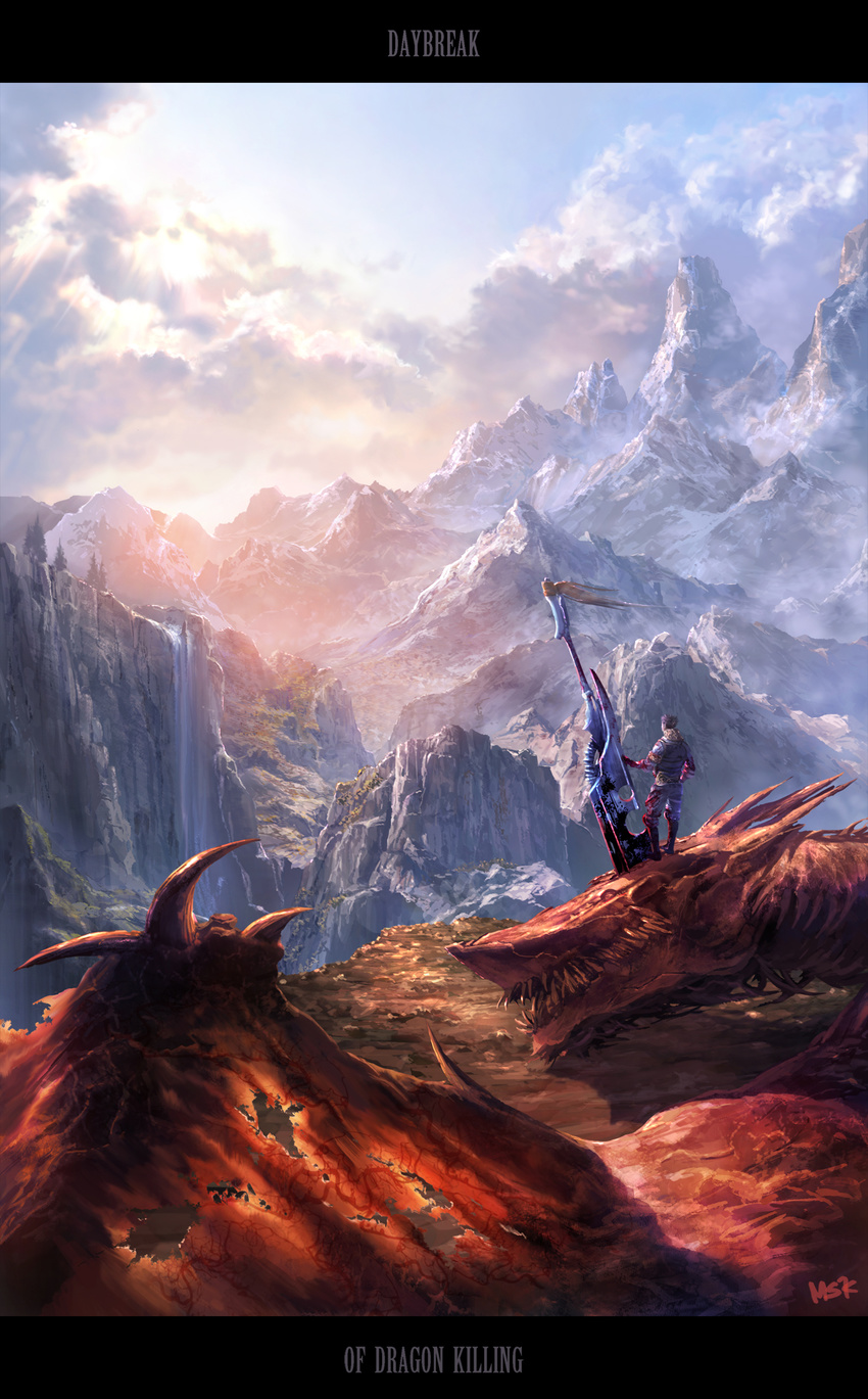 bad_id bad_pixiv_id blood death dragon english fantasy highres landscape male_focus mountain mstk original scenery solo sunrise sword water waterfall weapon wings