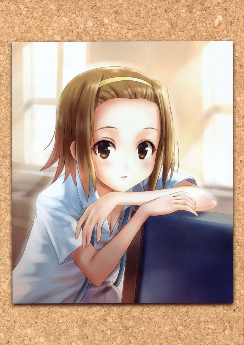 absurdres breasts brown_eyes brown_hair cleavage goto_p hairband hands highres image_sample k-on! scan school_uniform short_hair small_breasts solo tainaka_ritsu yandere_sample