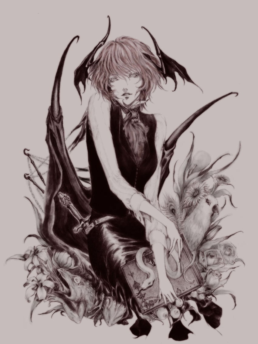 absurdres ascot bird book chain daburoku eyeball feathers fingernails flower frog hands head_wings highres hook koakuma lips long_fingernails monochrome quill short_hair sitting smile snake solo touhou wings