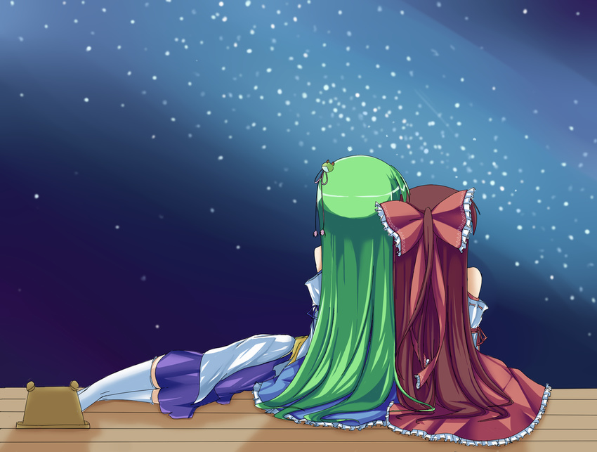 amemiya_ruki bare_shoulders brown_hair from_behind green_hair hair_ornament hakurei_reimu hat japanese_clothes kochiya_sanae lap_pillow long_hair lying moriya_suwako multiple_girls night night_sky on_side ponytail ribbon sitting sky sleeping star_(sky) stargazing starry_sky thighhighs touhou veranda very_long_hair