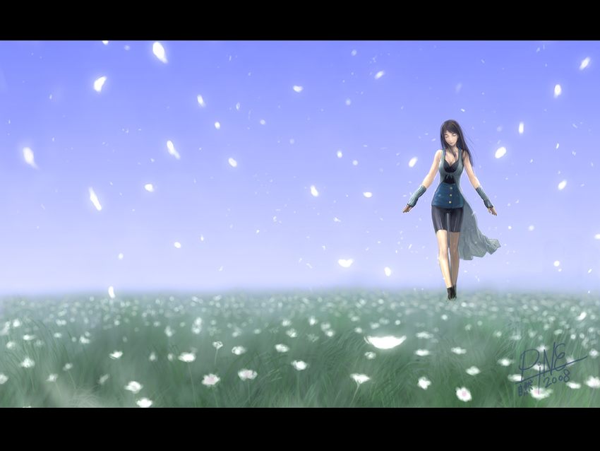 arm_warmers bike_shorts black_hair boots breasts cleavage closed_eyes commentary field final_fantasy final_fantasy_viii flower gloves highres jayun medium_breasts petals rinoa_heartilly skirt sleeveless_duster solo walking wallpaper