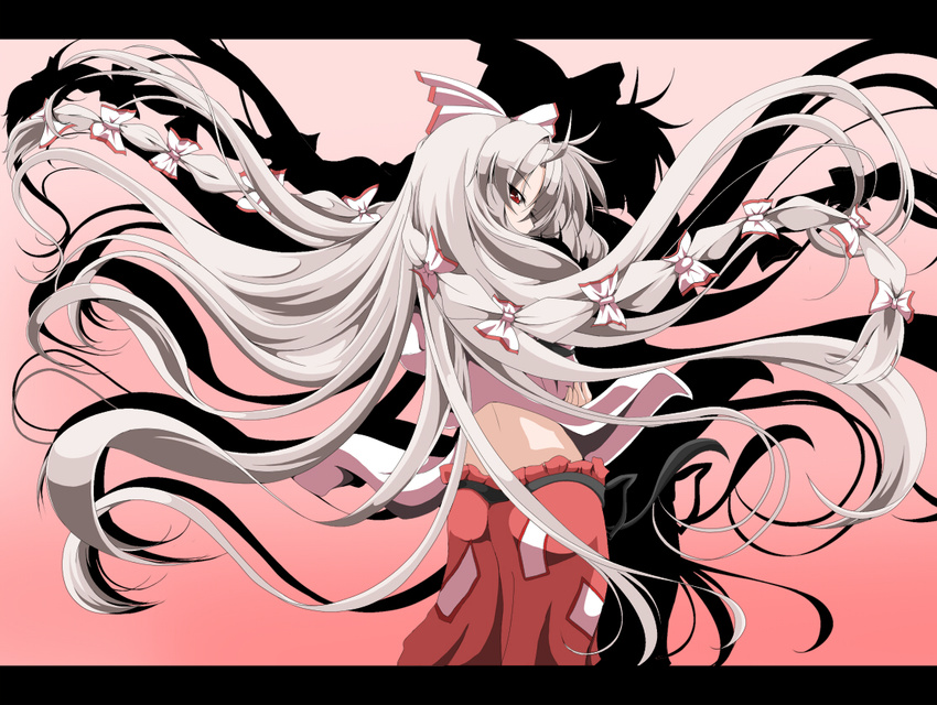 back bow fujiwara_no_mokou hair_bow long_hair looking_back red_eyes ribbon shadow shirosuzu silver_hair solo touhou very_long_hair