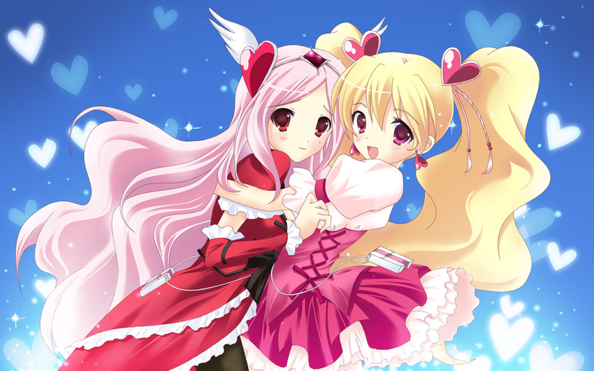 bad_id bad_pixiv_id blonde_hair cure_passion cure_peach dress fresh_precure! frills hair_ornament head_wings heart heart_hair_ornament higashi_setsuna long_hair magical_girl momozono_love multiple_girls pantyhose pink_eyes pink_hair precure red_eyes tsukiji twintails wallpaper