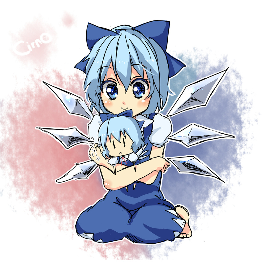 barefoot blue_eyes blue_hair bow chibi cirno doll dreamchips highres short_hair solo touhou wings