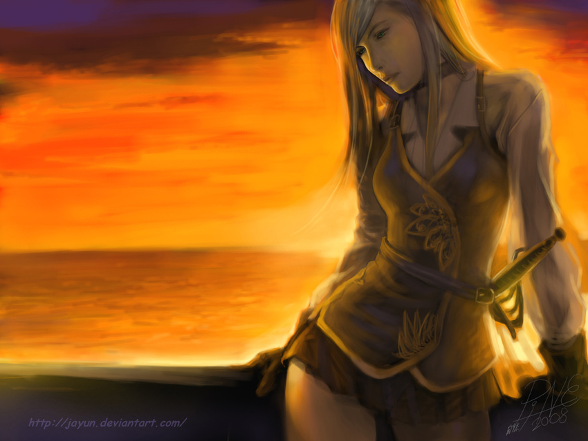 2008 backlighting blonde_hair blouse choker commentary gloves green_eyes highres jayun light looking_away miniskirt ocean original rapier see-through signature skirt solo sunset sword vest wallpaper watermark weapon