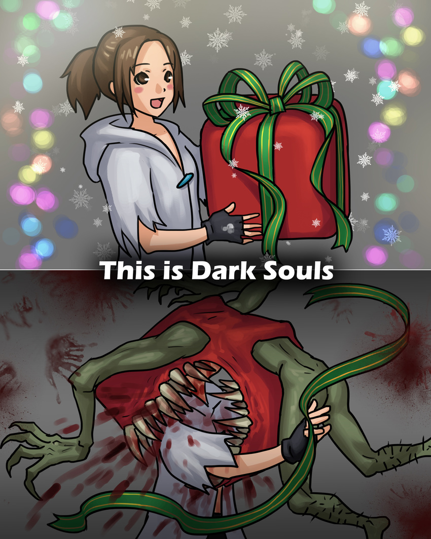 2014 ambiguous_gender blood blush brown_hair butt christmas claws clothed clothing dark_souls dark_souls_2 duo female gift hair hard_vore holidays human mammal mimic nightmare_fuel open_mouth plain_background sharp_teeth snowflakes teeth text video_games vore