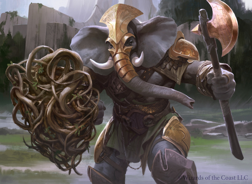 action_pose anthro armor axe digital_painting_(artwork) elephant front_view holding_weapon loxodon magic_the_gathering male mammal official_art outside shield soldier solo standing tusks weapon wesley_burt
