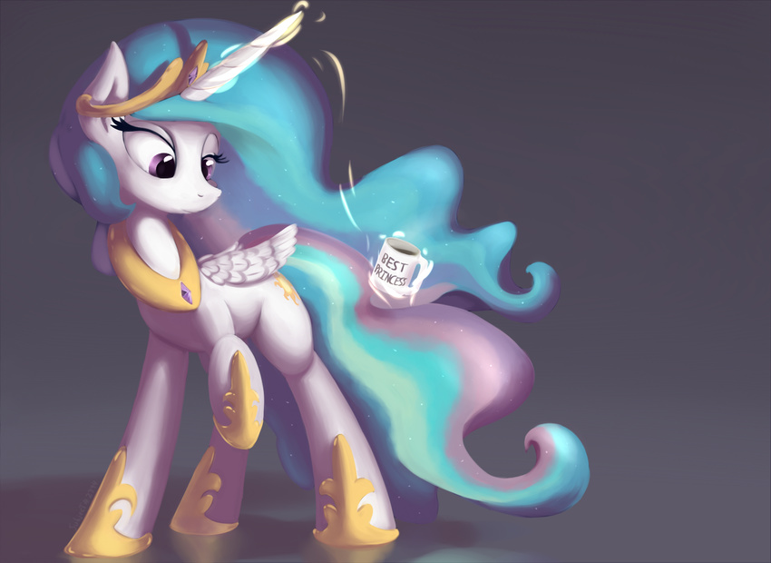 2015 coffee cup cutie_mark equine female friendship_is_magic glowing gold hair levitation magic mammal multicolored_hair my_little_pony necklace plain_background princess_celestia_(mlp) purple_eyes subjectnumber2394