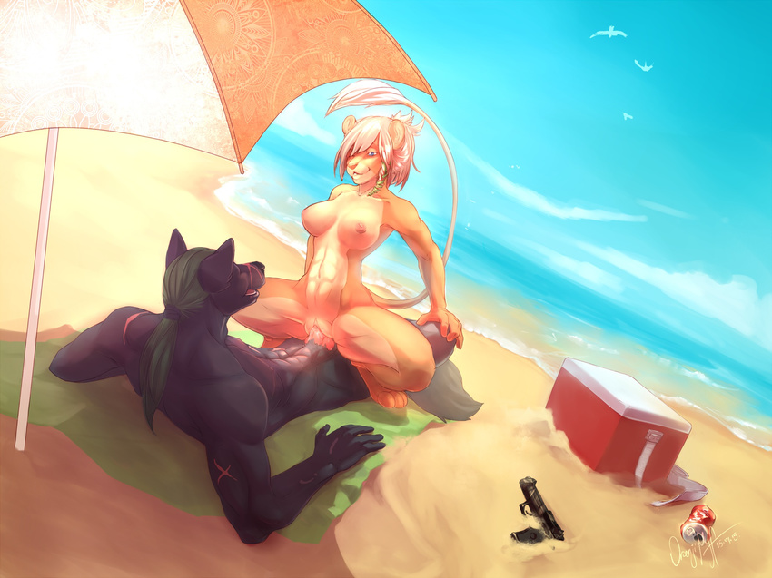 abs anthro beach blue_eyes breasts canine cooler couple cowgirl_position duo eye_contact feline female female_on_top green_hair gun hair knot lion lying male mammal marooned muscles muscular_female nude on_back on_top penetration penis pistol pussy ranged_weapon samanya_mohatu seaside sex spread_legs spreading straddling straight tek_l_war umbrella vaginal vaginal_penetration weapon wolf