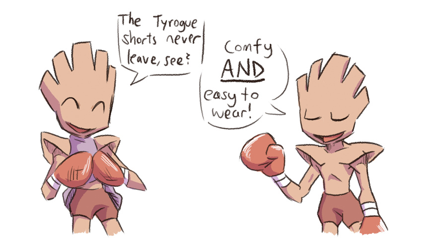 2014 boxing_gloves brown_body clothed clothing english_text eyes_closed half-dressed hitmonchan humanoid humor iveechan male nintendo open_mouth plain_background pok&eacute;mon shorts smile solo text topless video_games white_background