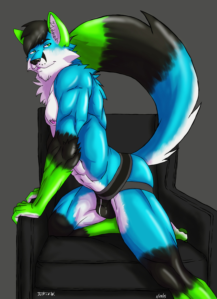 anthro arctic armchair bulge butt canine chair clothing clownboy1 crotch cute dog fox fur husky jockstrap leaning male mammal multicolored_fur muscles neon nipples solo underwear wolf