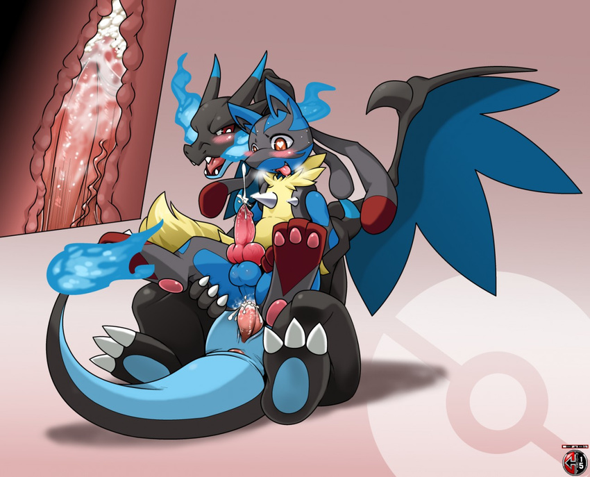 &lt;3 &lt;3_eyes anal anal_penetration animal_genitalia anus balls big_knot blush canine_penis chair_position charizard cum cum_in_ass cum_inside cum_while_penetrated cumshot duo from_behind gay genital_slit internal kivwolf knot looking_pleasured lucario male mega_charizard mega_charizard_x mega_evolution mega_lucario nintendo orgasm penetration penis pok&eacute;mon sex slit tongue tongue_out video_games